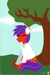 Size: 1959x2938 | Tagged: safe, artist:samsailz, oc, earth pony, pony, :p, headphones, lineless, looking at you, one eye closed, sitting, tongue out, tree, wink, winking at you