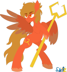 Size: 2515x2732 | Tagged: safe, artist:samsailz, oc, oc only, pegasus, pony, bipedal, eyebrows, eyebrows visible through hair, high res, hoof hold, lineless, pegasus oc, raffle prize, serious, serious face, simple background, solo, spread wings, staff, stern, transparent background, unamused, unshorn fetlocks, watermark, wings