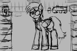 Size: 2078x1380 | Tagged: safe, artist:menalia, derpy hooves, pegasus, pony, g4, angry, clothes, eyepatch, female, jacket, mare, pants, sketch, solo, table, wings, wip