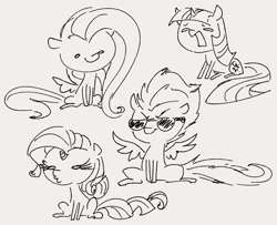 Size: 932x755 | Tagged: safe, artist:dotkwa, fluttershy, rarity, spitfire, twilight sparkle, pegasus, pony, unicorn, g4, chibi, female, grayscale, mare, monochrome, simple background, sitting, sketch, spread wings, sunglasses, unicorn twilight, white background, wings
