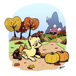 Size: 2000x2000 | Tagged: safe, artist:mellodillo, oc, oc only, oc:pumpkin patch, earth pony, pony, autumn, bow, canterlot, female, high res, leaves, lying down, mare, prone, pumpkin, solo, tail bow, tree