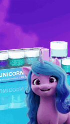 Size: 608x1080 | Tagged: safe, izzy moonbow, pony, unicorn, g5, my little pony: a new generation, official, abstract background, advertisement, animated, cosmetics, facebook, female, instagram, mare, no sound, reflection, self ponidox, solo, text, unicorn snot, video, webm