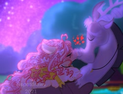 Size: 1061x807 | Tagged: safe, artist:spotdraws, discord, fluttershy, draconequus, pony, g4, 2021, alternate hairstyle, blushing, eyes closed, female, flower, flower in hair, fluffy, heart, implied marriage, jewelry, kissing, male, mare, necklace, night, night sky, nose kiss, ring, scenery, scenery porn, ship:discoshy, shipping, show accurate, signature, sky, stars, straight, tree