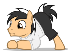 Size: 3320x2560 | Tagged: safe, artist:strategypony, oc, oc only, oc:lancer, earth pony, pony, :t, brown eyes, clothes, cute, earth pony oc, face down ass up, high res, jack-o challenge, male, meme, missing accessory, shirt, shorts, simple background, solo, stallion, t-shirt, transparent background, two toned mane