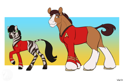 Size: 1280x854 | Tagged: safe, artist:will-owl-the-wisp, earth pony, pony, zebra, african, clothes, duo, female, height difference, james doohan, male, mare, nichelle nichols, nyota uhura, ponified, scotty, stallion, star trek, uhura, uniform