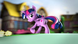 Size: 1920x1080 | Tagged: safe, artist:szczerbix, twilight sparkle, alicorn, pony, g4, 3d, blurry background, female, horn, looking at you, ponyville, solo, source filmmaker, twilight sparkle (alicorn), wings