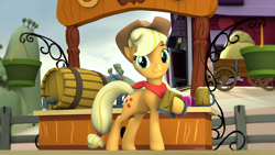 Size: 1920x1080 | Tagged: safe, artist:szczerbix, applejack, earth pony, pony, g4, 3d, cider, cider stand, female, hat, looking at you, solo, source filmmaker, sweet apple acres