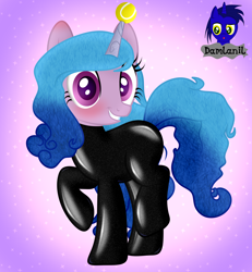 Size: 3840x4154 | Tagged: safe, alternate version, artist:damlanil, izzy moonbow, pony, unicorn, g5, ball, blushing, bracelet, catsuit, clothes, cute, female, grin, high res, horn, hornball, izzy's tennis ball, jewelry, latex, latex suit, leg fluff, looking at you, mare, raised hoof, raised leg, rubber, shiny, show accurate, smiling, smiling at you, solo, standing on two hooves, suit, tennis ball, vector