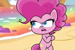 Size: 1499x999 | Tagged: safe, screencap, pinkie pie, earth pony, pony, g4.5, my little pony: pony life, pie vs. pie, angry, beach, bipedal, female, open mouth, pinkie pie is not amused, potion ocean, solo, unamused