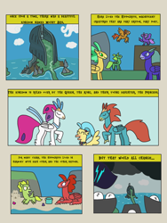 Size: 2448x3264 | Tagged: safe, artist:supahdonarudo, princess skystar, queen novo, oc, oc:king waverider, classical hippogriff, hippogriff, comic:the day the mountain fell, g4, my little pony: the movie, airship, background hippogriff, beach, cloud, comic, dark clouds, high res, imminent invasion, mount aris, style emulation