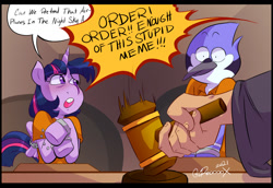 Size: 1280x879 | Tagged: safe, artist:croxovergoddess, twilight sparkle, human, g4, aeroplanes and meteor showers, airplanes (song), bound wings, chained, clothes, courtroom, crossover, crossover shipping, cuffs, female, gavel, hand, judge, male, meme, mordecai, mordetwi, prison outfit, redraw mordetwi meme, regular show, shipping, shocked, straight, text, wings