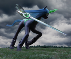 Size: 2600x2160 | Tagged: safe, artist:radiomann01, queen chrysalis, changeling, changeling queen, g4, 3d, angry, blender, fangs, female, forest, grass, high res, horn, magic, magic aura, missing accessory, open mouth, render, running, solo, sword, telekinesis, weapon, windswept mane, wings