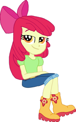 Size: 1000x1600 | Tagged: safe, artist:jebens1, artist:therandomone95, apple bloom, equestria girls, g4, apple bloom's bow, boots, bow, clothes, hair bow, jeans, looking at you, pants, shirt, shoes, simple background, sitting, smiling, smug, solo, transparent background