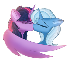 Size: 2107x1823 | Tagged: safe, artist:janelearts, trixie, twilight sparkle, alicorn, pony, unicorn, g4, duo, ear fluff, eyes closed, female, hug, kiss on the lips, kissing, lesbian, ship:twixie, shipping, simple background, twilight sparkle (alicorn), white background, winghug, wings