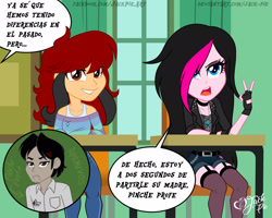 Size: 1920x1536 | Tagged: safe, artist:jack-pie, oc, oc:archooves, oc:jack pie, oc:zoe star pink, equestria girls, g4, classroom, clothes, female, jacket, male, multicolored hair, pants, peeved, shorts, sitting, spanish
