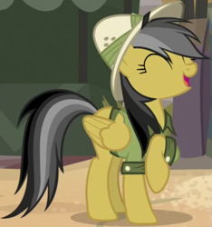 Size: 573x612 | Tagged: safe, screencap, daring do, pegasus, pony, daring done?, g4, cropped, cute, daring dorable, eyes closed, female, mare, open mouth, raised hoof, solo