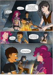 Size: 3541x5016 | Tagged: safe, artist:symptom99, pinkie pie, oc, oc:copper plume, equestria girls, g4, 2021, angry, artificial wings, augmented, believe copper plume, breasts, busty pinkie pie, campfire, canon x oc, cleavage, clothes, comic, commission, commissioner:imperfectxiii, copperpie, dialogue, female, freckles, glasses, magic, magic wings, male, nephilim, pince-nez, ponybooru import, shipping, straight, wings