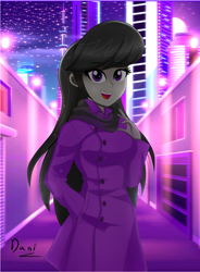 Size: 2160x2928 | Tagged: safe, artist:danielitamlp, octavia melody, human, equestria girls, g4, breasts, busty octavia melody, city, cityscape, clothes, eyebrows, eyebrows visible through hair, female, happy, high res, looking at you, open mouth, open smile, pony coloring, robe, scarf, skyscraper, smiling, smiling at you, solo