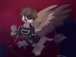 Size: 1024x768 | Tagged: safe, artist:pigeorgien, oc, oc only, oc:plutonium forever, griffon, beak, clothes, eyepatch, female, flying, gloves, open beak, open mouth, show accurate, solo, space, spread wings, wings