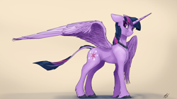 Size: 3840x2160 | Tagged: safe, artist:tenebrisnoctus, twilight sparkle, alicorn, pony, g4, colored hooves, concave belly, female, floppy ears, high res, jewelry, leonine tail, mare, necklace, signature, simple background, solo, spread wings, twilight sparkle (alicorn), wings