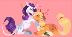Size: 1112x575 | Tagged: safe, artist:wanderingpegasus, applejack, rarity, classical unicorn, earth pony, pony, unicorn, g4, alternate hairstyle, applejack's hat, bedroom eyes, blushing, cloven hooves, cowboy hat, eyeshadow, female, freckles, hat, heart, horn, leonine tail, lesbian, looking at each other, makeup, mare, markings, pink background, redesign, ship:rarijack, shipping, simple background, unshorn fetlocks