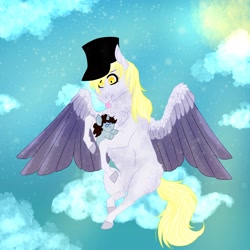 Size: 4000x4000 | Tagged: safe, artist:inisealga, derpy hooves, oc, oc only, oc:coaldust, pegasus, pony, unicorn, g4, chest fluff, cloud, colored wings, commission, hat, horn, neck fluff, plushie, sky, solo, spread wings, sun, unicorn oc, wing fluff, wings