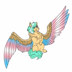 Size: 4000x4000 | Tagged: safe, artist:inisealga, oc, oc only, oc:mango foalix, pegasus, pony, absurd resolution, chest fluff, colored wings, eye clipping through hair, eyebrows, eyebrows visible through hair, female, large wings, looking at you, mare, neck fluff, one eye closed, pegasus oc, simple background, smiling, smiling at you, solo, spread wings, tongue out, transgender, white background, wings, wink, winking at you