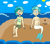 Size: 1654x1470 | Tagged: safe, artist:ocean lover, sandbar, terramar, bird, human, merboy, mermaid, merman, g4, barefoot, belly, belly button, chest, clam, clothes, cloud, feet, fins, fish tail, green eyes, humanized, jewelry, laughing, looking at each other, male, male nipples, mermaid tail, mermaidized, necklace, nipples, ocean, outdoors, pearl necklace, rock, shirt, shorts, sitting, smiling, species swap, sun, t-shirt, tail, water, wave