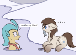 Size: 4200x3073 | Tagged: safe, alternate version, artist:vetta, princess skystar, oc, oc:frosty flakes, fish, pony, seapony (g4), yakutian horse, g4, my little pony: the movie, ..., blue eyes, brown mane, female, freckles, ice, jewelry, looking at each other, necklace, op is a duck, open mouth, pearl necklace, sad, snow, snow mare, water