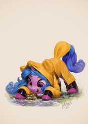 Size: 850x1200 | Tagged: safe, artist:assasinmonkey, izzy moonbow, frog, pony, toad, unicorn, g5, ball, crouching, cute, horn, hornball, izzy's tennis ball, izzybetes, open mouth, raincoat, solo, tennis ball