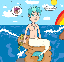 Size: 1762x1692 | Tagged: safe, artist:ocean lover, scootaloo, terramar, bird, merboy, mermaid, merman, g4, belly, belly button, clam, clam shell, cloud, cute, disney style, female, fish tail, heart eyes, humanized, implied crush, jewelry, male, male nipples, mermaid tail, mermaidized, necklace, nipples, ocean, outdoors, pearl necklace, rainbow, rock, seaweed, shadow, ship:terraloo, shipping, shipping fuel, sitting, sky, smiling, species swap, splash, straight, sun, tail, terrabetes, topless, water, wave, wingding eyes, word bubble