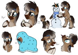 Size: 2862x2030 | Tagged: safe, artist:dyonys, oc, oc only, oc:ice shard, pony, yakutian horse, :3, :p, blanket, boop, chocolate, closed mouth, clothes, cute, fluffy, food, happy, headband, high res, hoof hold, hot chocolate, male, ocbetes, open mouth, sad, sadorable, scarf, self-boop, simple background, sketch, sketch dump, stallion, sweater, text, tongue out, white background