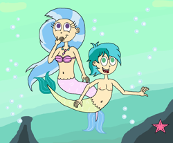 Size: 1624x1346 | Tagged: safe, artist:ocean lover, sandbar, silverstream, mermaid, merman, starfish, g4, belly, belly button, bra, bubble, cute, fish tail, friendship student, giggling, green background, happy, humanized, jewelry, male, male nipples, mermaidized, midriff, necklace, nipples, ocean, pearl necklace, rock, sandabetes, seashell, seashell bra, simple background, smiling, species swap, swimming, tail, underwater