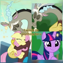 Size: 1080x1080 | Tagged: safe, edit, edited screencap, editor:zcord, screencap, discord, fluttershy, twilight sparkle, alicorn, draconequus, pegasus, pony, g4, season 6, season 9, the ending of the end, to where and back again, blush sticker, blushing, bowing, collage, cute, discute, eyes closed, female, hoof on chest, hug, hugging a pony, male, mare, smiling, sparkles, text, trio, twilight sparkle (alicorn), when he smiles