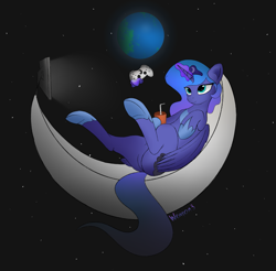 Size: 2437x2399 | Tagged: source needed, safe, artist:wevepon3, princess luna, alicorn, pony, g4, controller, high res, moon, solo, space, stars, tangible heavenly object, television