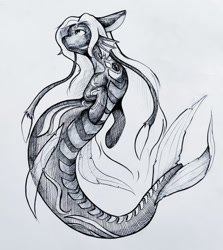 Size: 1141x1280 | Tagged: safe, artist:龙宠, oc, oc only, oc:circle, hybrid, merpony, seapony (g4), siren, black and white, digital art, female, fins, fish tail, flowing mane, flowing tail, gem, grayscale, looking up, monochrome, simple background, solo, tail, white background