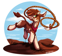 Size: 1280x1163 | Tagged: safe, artist:ahwiiyee, arizona (tfh), cow, them's fightin' herds, bandana, cloven hooves, community related, female, jewelry, lasso, mouth hold, nose, ring, rope, signature, solo
