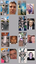 Size: 2364x4096 | Tagged: safe, artist:alumx, discord, princess celestia, draconequus, human, pony, g4, brendan fraser, close-up, clothes, collage, crying, fangs, female, gray background, just fuck my shit up, kanye west, kanye's blank stare, linus sebastian, linus tech tips, male, mark zuckerberg, meme, no eyebrows, sad linus, selfie, signature, simple background, suit, thick eyebrows, tiktok