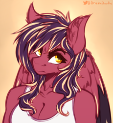 Size: 1000x1081 | Tagged: safe, artist:drizziedoodles, oc, oc:oxide, anthro, alternate hairstyle, annoyed, breasts, bust, cleavage, clothes, female, portrait, solo, tank top, wings, yellow eyes