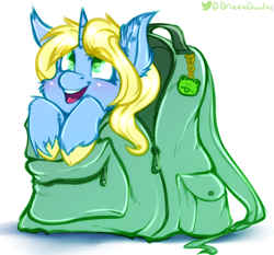 Size: 1826x1700 | Tagged: safe, artist:drizziedoodles, oc, oc:art's desire, frog, unicorn, backpack, blonde mane, cute, smiling