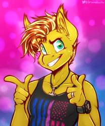 Size: 2979x3582 | Tagged: safe, artist:drizziedoodles, oc, oc only, oc:honey drizzle, earth pony, anthro, abstract background, american flag, bisexual pride flag, clothes, finger gun, finger guns, grin, hammer, high res, jewelry, looking at you, male, mjölnir, necklace, pride, pride flag, raised eyebrow, ring, smiling, solo, stallion, tank top, war hammer, watch, wristwatch