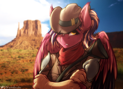 Size: 3000x2176 | Tagged: safe, artist:drizziedoodles, oc, oc:oxide, original species, anthro, bandana, clothes, cowboy hat, crossed arms, female, hat, high res, leather vest, lever action rifle, looking at you, ponytail, shirt, sling, solo, weapon, wings