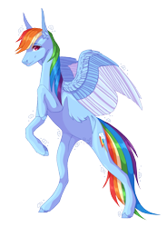 Size: 1008x1370 | Tagged: safe, artist:luuny-luna, rainbow dash, pegasus, pony, g4, long ears, rearing, simple background, solo, transparent background, two toned wings, wings