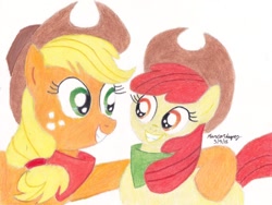 Size: 1024x772 | Tagged: safe, artist:dynamic_eagle, apple bloom, applejack, earth pony, pony, g4, female, filly, grin, hat, hoof on shoulder, looking at each other, mare, neckerchief, siblings, smiling