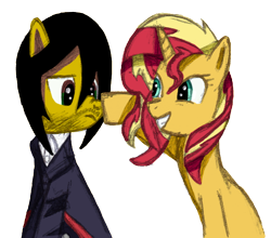 Size: 682x599 | Tagged: safe, artist:karadeg, sunset shimmer, oc, oc:karadeg, earth pony, pony, unicorn, g4, boop, duo, earth pony oc, facial hair, female, frown, grin, looking at someone, male, mare, nose wrinkle, palindrome get, simple background, smiling, stallion, transparent background, two toned mane