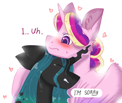 Size: 4000x3385 | Tagged: safe, artist:valkiria, derpibooru exclusive, princess cadance, queen chrysalis, alicorn, changeling, changeling queen, pony, g4, a better ending for chrysalis, apologetic, apology, blushing, crying, cute, cutealis, duo, duo female, female, heart, horn, infidelity, lesbian, mare, ship:cadalis, shipping, simple background, speech bubble, talking, trepidation, white background, wings