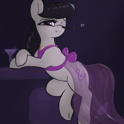 Size: 3000x3000 | Tagged: safe, artist:t72b, octavia melody, earth pony, pony, g4, blushing, bow, clothes, dark, dress, drink, female, high res, jewelry, looking at you, mare, necklace, one eye closed, see-through, see-through skirt, sitting, skirt, smiling, solo, wink, winking at you