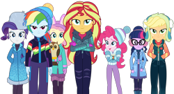 Size: 5409x2934 | Tagged: safe, artist:sketchmcreations, applejack, fluttershy, pinkie pie, rainbow dash, rarity, sci-twi, sunset shimmer, twilight sparkle, bird, human, owl, equestria girls, equestria girls series, g4, holidays unwrapped, winter break-in, spoiler:eqg series (season 2), chocolate, clothes, coat, crossed arms, cup, earmuffs, female, food, group shot, hand in pocket, hat, hot chocolate, humane five, humane seven, humane six, jacket, lidded eyes, looking forward, pants, scarf, simple background, smiling, toque, transparent background, vector, walking, winter outfit
