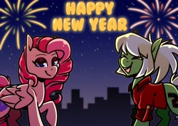 Size: 4093x2894 | Tagged: safe, artist:jellysketch, oc, oc:joyful jewel, oc:milli, earth pony, pegasus, pony, eponafest, female, fireworks, happy new year, happy new year 2022, holiday, mare, mascot