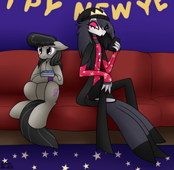 Size: 2188x2140 | Tagged: safe, artist:the-furry-railfan, octavia melody, bird, demon, earth pony, pony, anthro, digitigrade anthro, g4, anthro with ponies, beanie hat, bird demon, cellphone, clothes, couch, duo, duo female, female, happy new year, hellaverse, hellborn, helluva boss, high res, holiday, listening to music, mare, name joke, name pun, namesake, octavia (helluva boss), phone, pun, relaxing, sitting, smartphone, teenager, visual pun, walkman